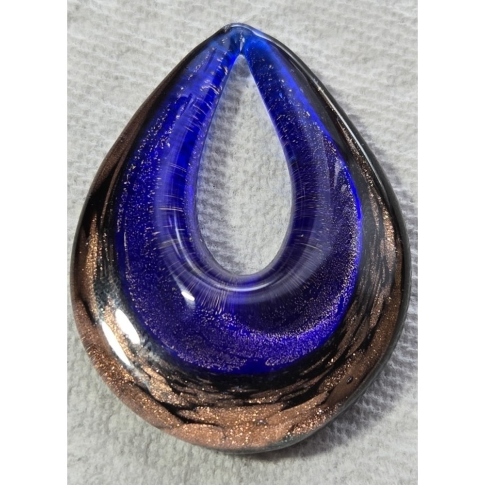 Handmade Murano Style‎ Cobalt Blue And Copper Aventurine Glass Tear Drop Pendant